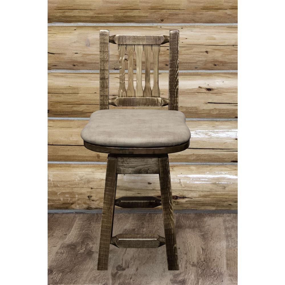 Homestead Collection Counter Height Barstool w/ Back & Swivel - Buckskin Upholstery, Stain & Lacquer Finish. Picture 3