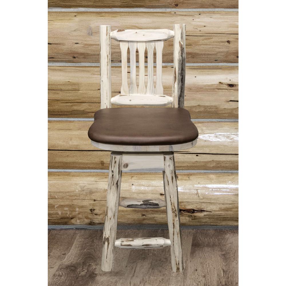 Montana Collection Counter Height Barstool w/ Back & Swivel - Saddle Upholstery, Clear Lacquer Finish. Picture 3