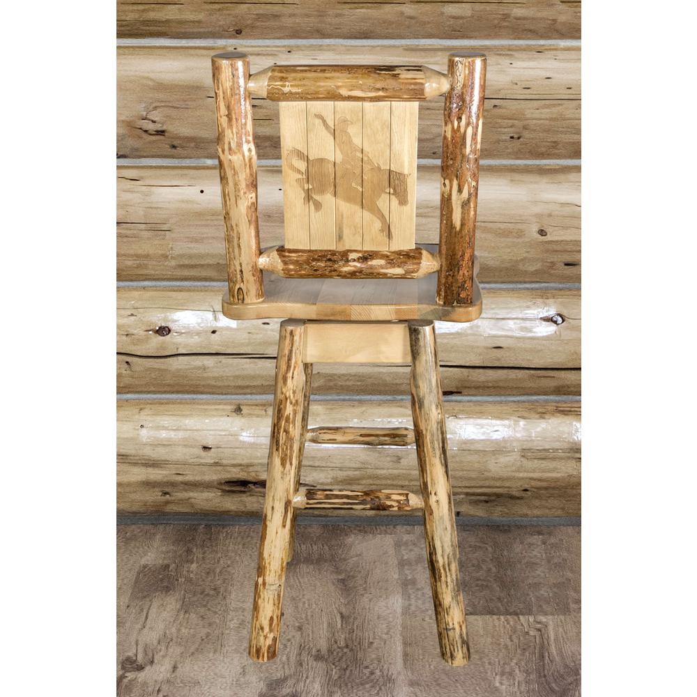 Glacier Country Collection Barstool w/ Back & Swivel w/ Laser Engraved Bronc Design. Picture 7