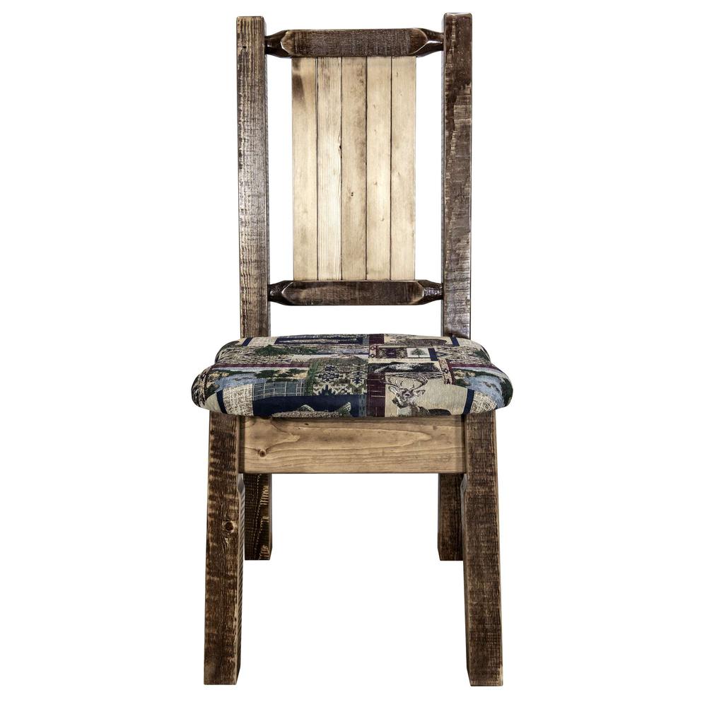 Homestead Collection Side Chair - Woodland Upholstery w/ Laser Engraved Pine Tree Design, Stain & Lacquer Finish. Picture 4