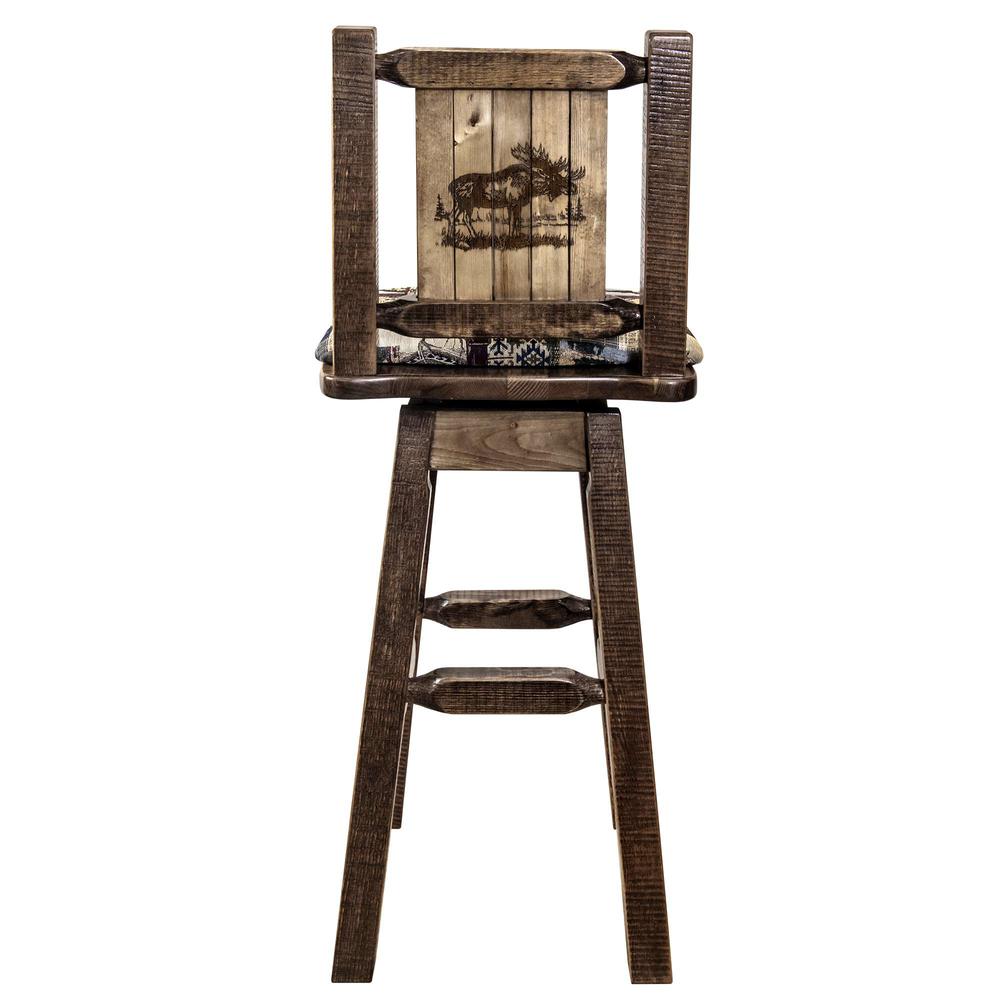 Homestead Collection Barstool w/ Back & Swivel, Woodland Pattern Upholstery w/ Laser Engraved Moose Design. Picture 2