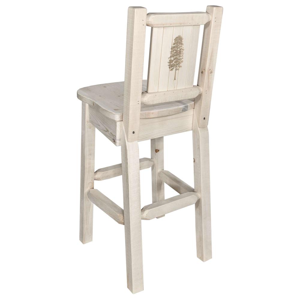 Homestead Collection Barstool w/ Back, w/ Laser Engraved Pine Tree Design, Clear Lacquer Finish. Picture 1