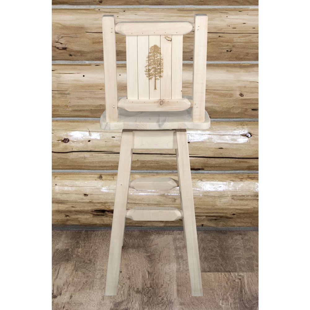 Homestead Collection Barstool w/ Back & Swivel w/ Laser Engraved Pine Tree Design, Clear Lacquer Finish. Picture 7