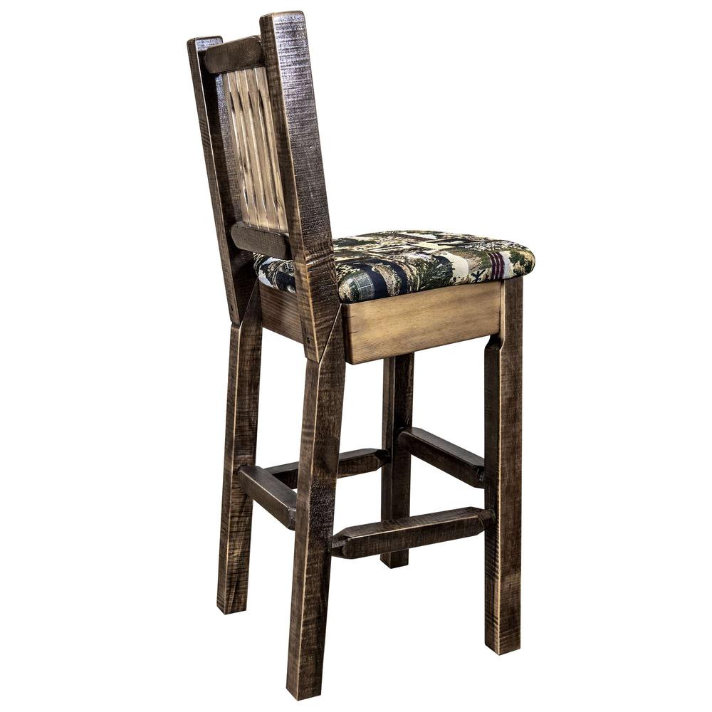 Homestead Collection Barstool w/ Back, Stain & Clear Lacquer Finish w/ Upholstered Seat, Woodland Pattern. Picture 4