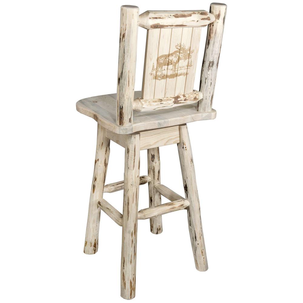 Montana Collection Barstool w/ Back & Swivel w/ Laser Engraved Moose Design, Clear Lacquer Finish. Picture 1