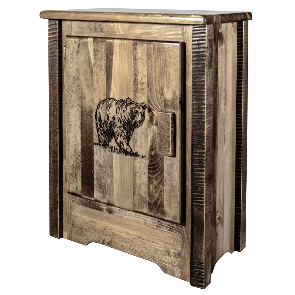 Homestead Collection Accent Cabinet w/ Laser Engraved Bear Design, Left Hinged, Stain & Clear Lacquer Finish. Picture 3