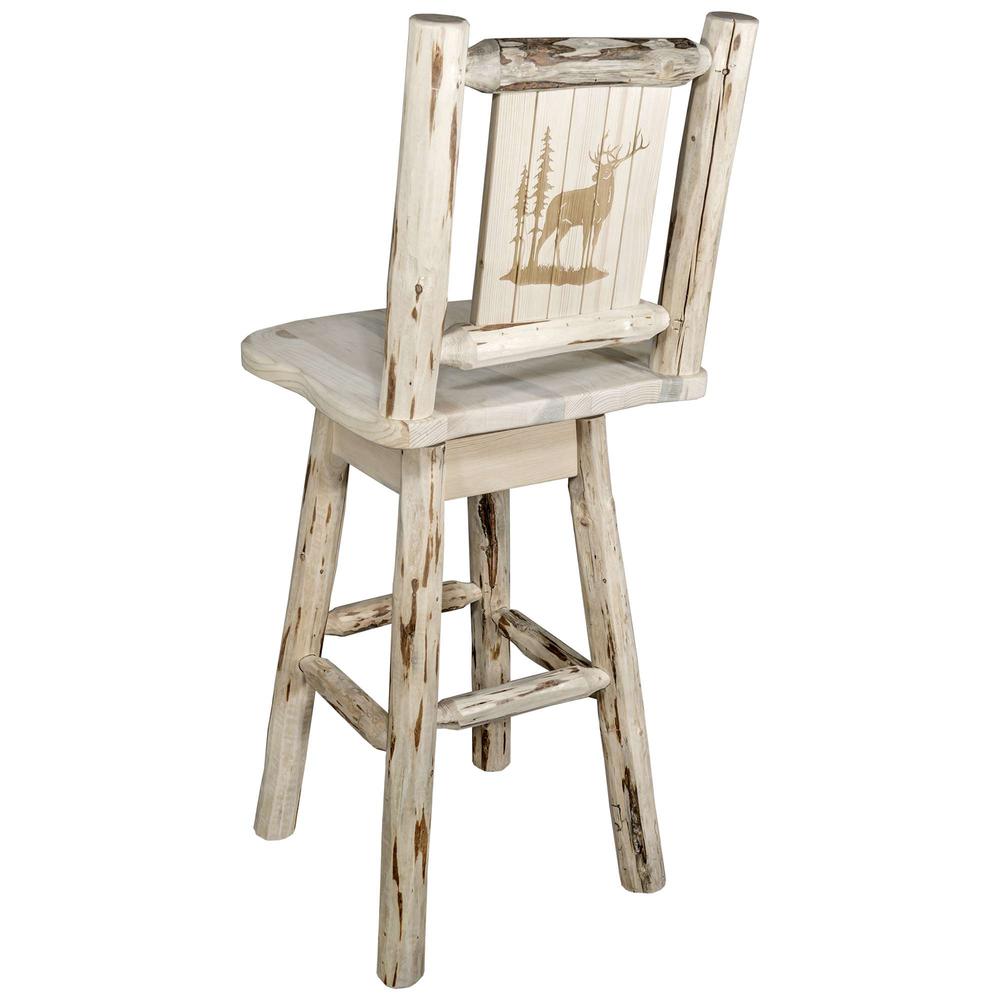 Montana Collection Barstool w/ Back & Swivel w/ Laser Engraved Elk Design, Clear Lacquer Finish. Picture 1