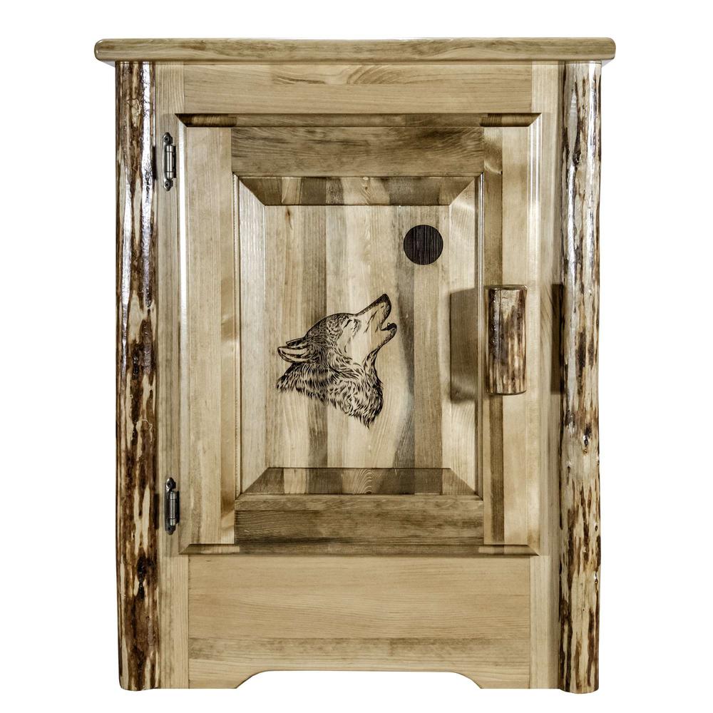 Glacier Country Collection Accent Cabinet w/ Laser Engraved Wolf Design, Left Hinged. Picture 2