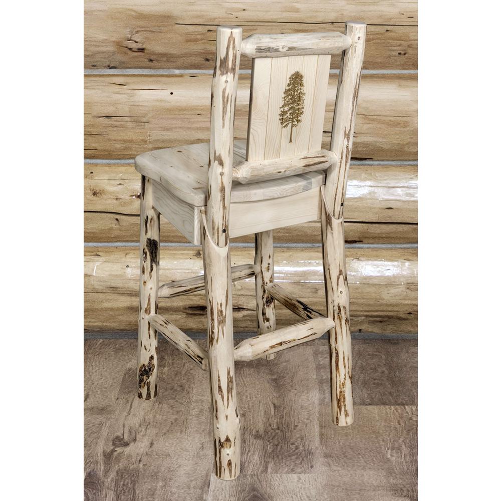 Montana Collection Barstool w/ Back, w/ Laser Engraved Pine Tree Design, Clear Lacquer Finish. Picture 6
