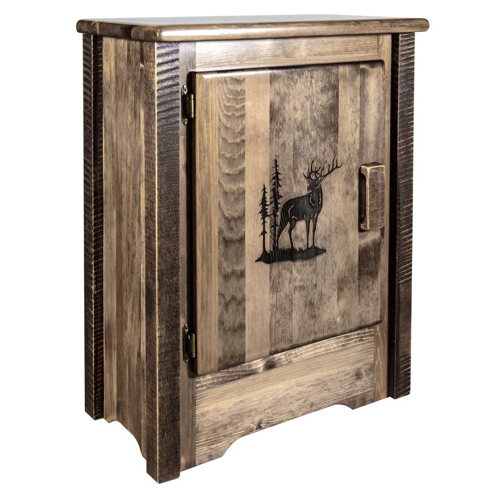 Homestead Collection Accent Cabinet w/ Laser Engraved Elk Design, Left Hinged, Stain & Clear Lacquer Finish. Picture 1