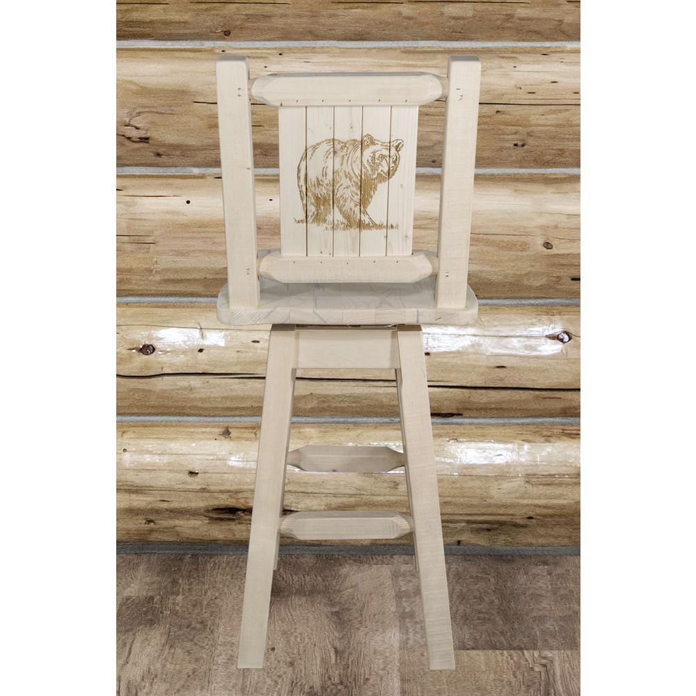 Homestead Collection Barstool w/ Back & Swivel w/ Laser Engraved Bear Design, Clear Lacquer Finish. Picture 7