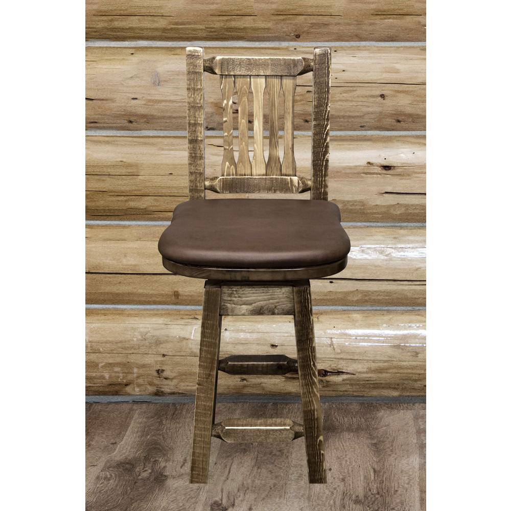 Homestead Collection Counter Height Barstool w/ Back & Swivel - Saddle Upholstery, Stain & Lacquer Finish. Picture 3