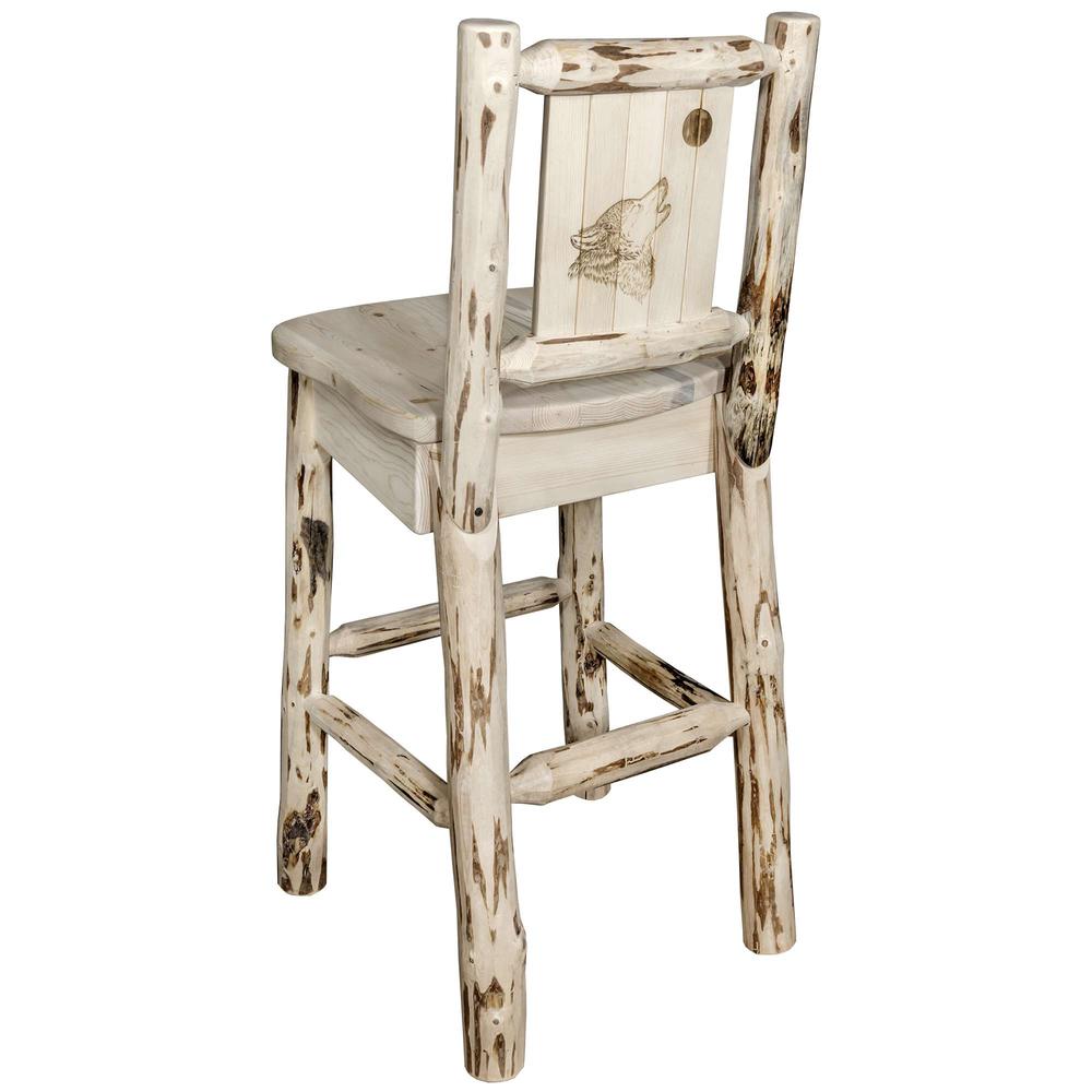 Montana Collection Barstool w/ Back, w/ Laser Engraved Wolf Design, Clear Lacquer Finish. Picture 1