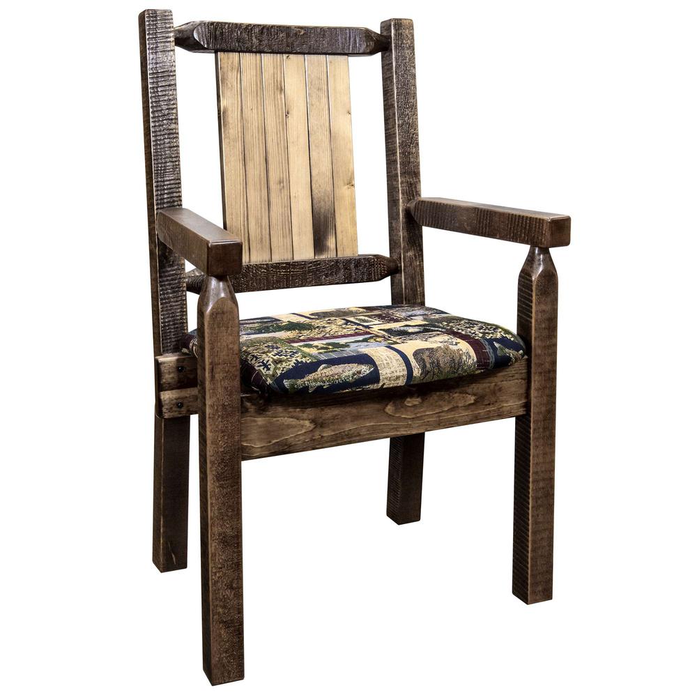 Homestead Collection Captain's Chair, Woodland Upholstery w/ Laser Engraved Wolf Design, Stain & Lacquer Finish. Picture 3