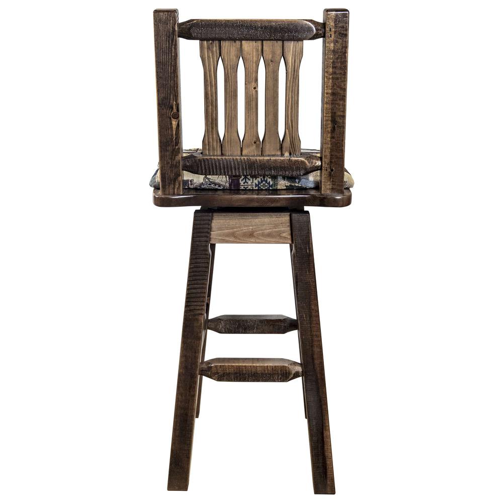 Homestead Collection Barstool w/ Back & Swivel, Stain & Clear Lacquer Finish w/ Upholstered Seat, Woodland Pattern. Picture 5