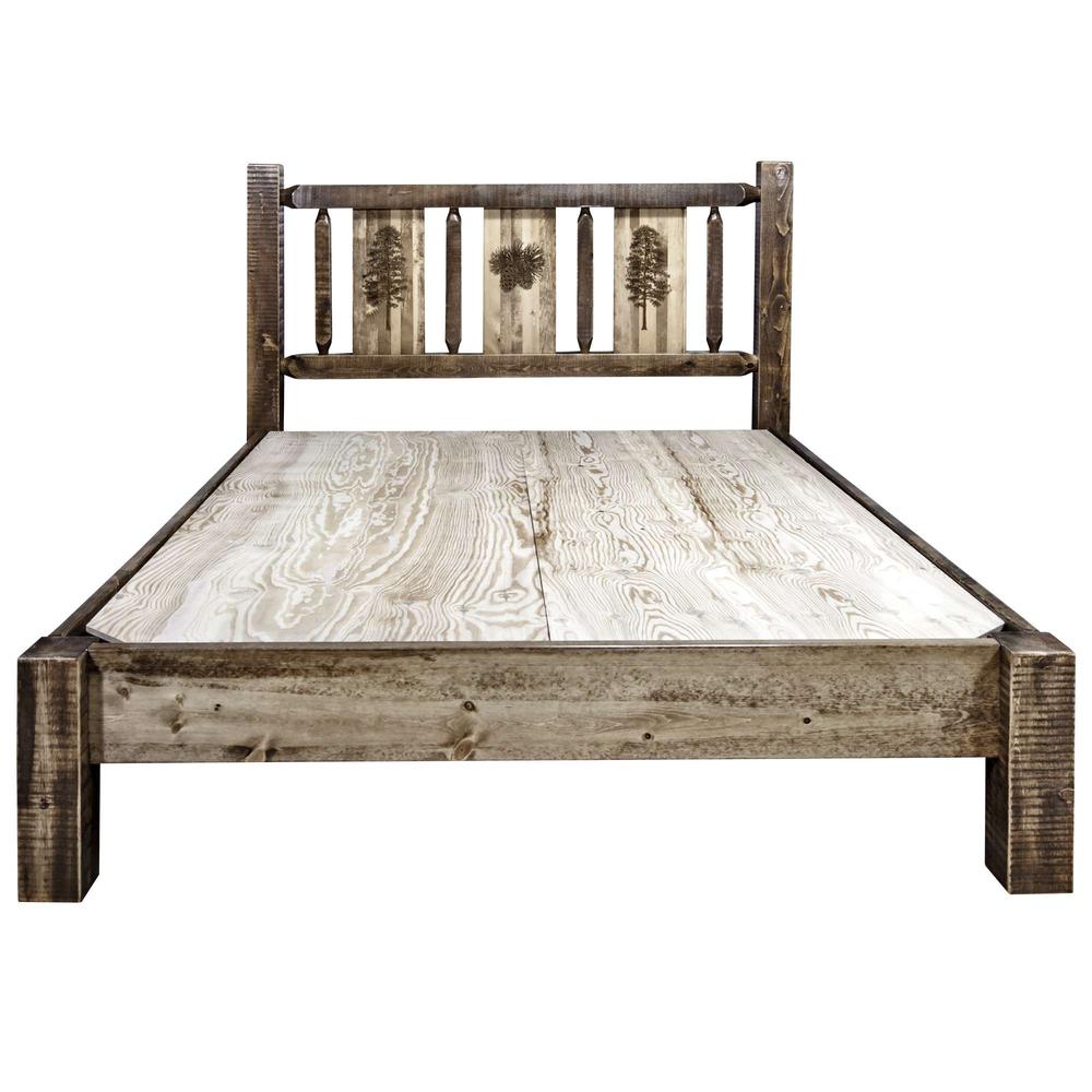 Homestead Collection Twin Platform Bed w/ Laser Engraved Pine Tree Design, Stain & Clear Lacquer Finish. Picture 6