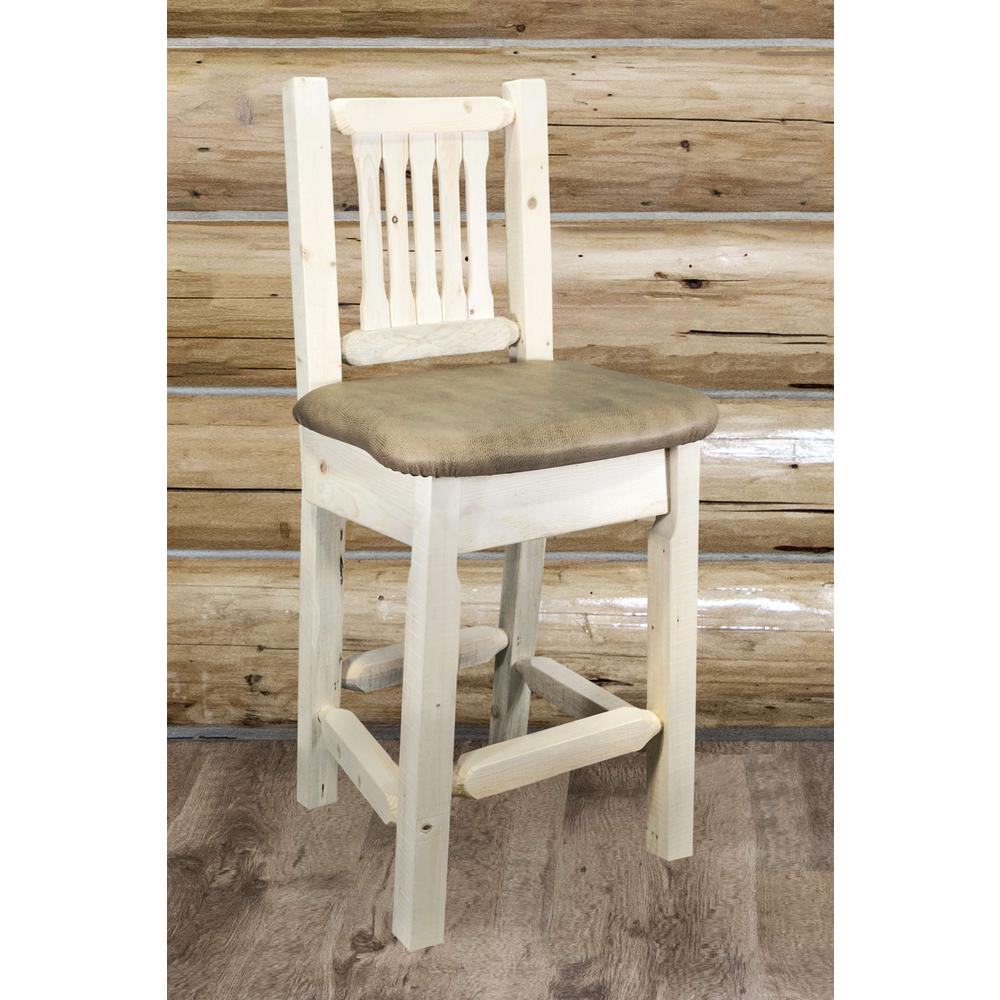 Homestead Collection Counter Height Barstool w/ Back - Buckskin Upholstery, Clear Lacquer Finish. Picture 3