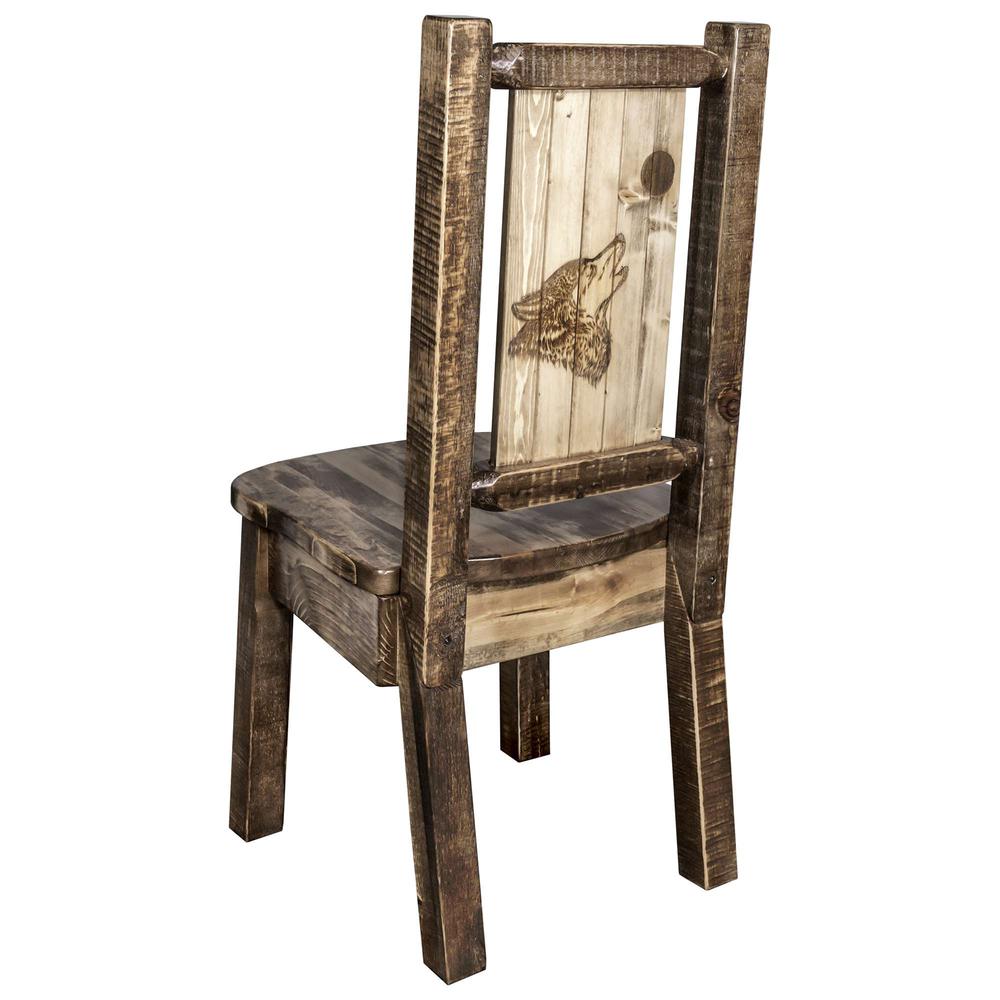 Homestead Collection Side Chair - Woodland Upholstery w/ Laser Engraved Wolf Design, Stain & Lacquer Finish. Picture 1