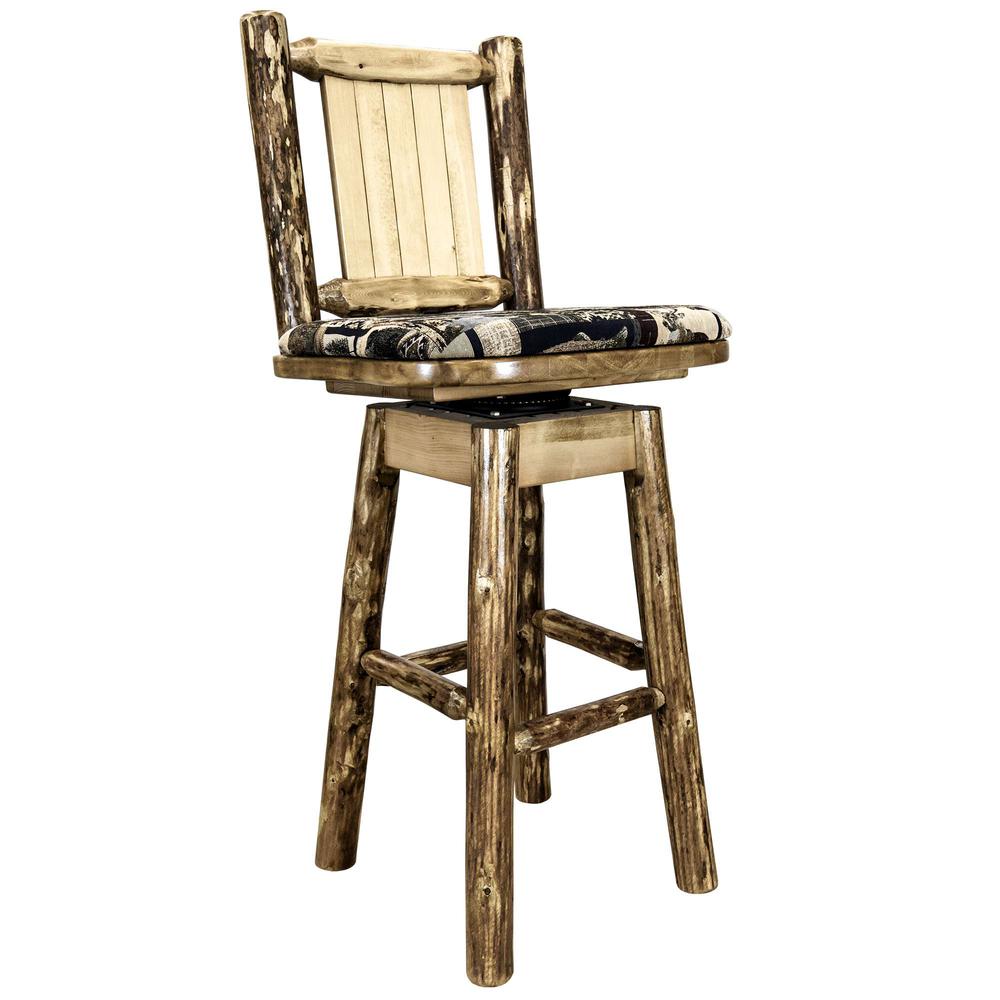 Glacier Country Collection Barstool w/ Back & Swivel, Woodland Pattern Upholstery w/ Laser Engraved Pine Tree Design. Picture 3
