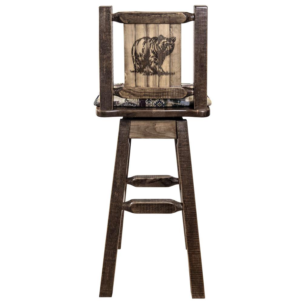 Homestead Collection Barstool w/ Back & Swivel, Woodland Pattern Upholstery w/ Laser Engraved Bear Design. Picture 2