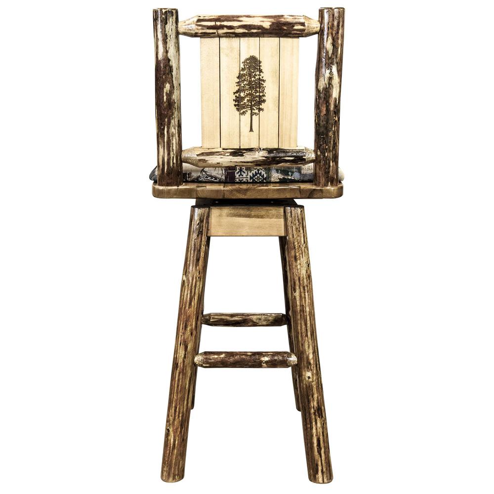 Glacier Country Collection Barstool w/ Back & Swivel, Woodland Pattern Upholstery w/ Laser Engraved Pine Tree Design. Picture 2