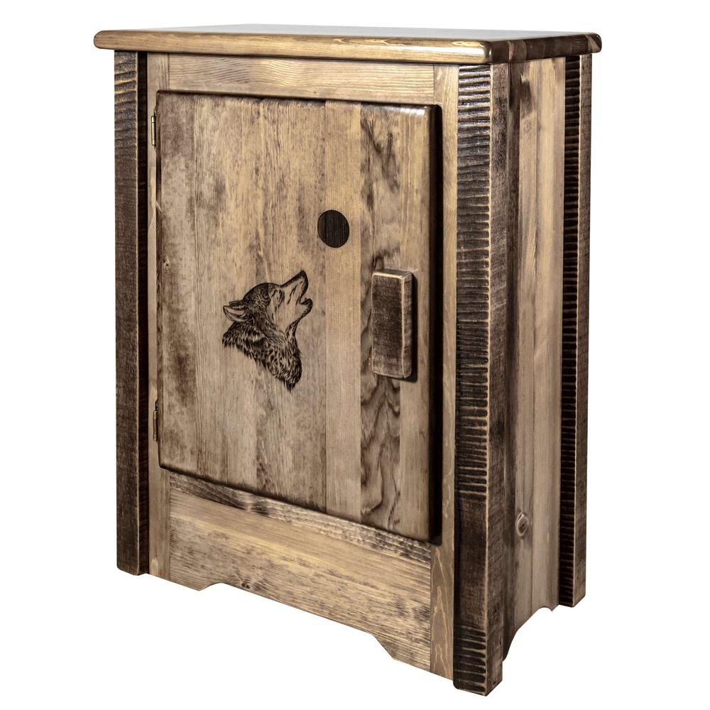 Homestead Collection Accent Cabinet w/ Laser Engraved Wolf Design, Left Hinged, Stain & Clear Lacquer Finish. Picture 3