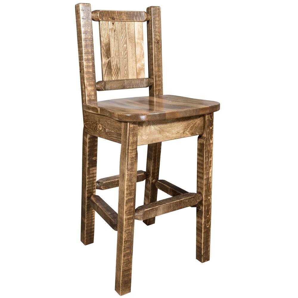 Homestead Collection Barstool w/ Back, w/ Laser Engraved Pine Tree Design, Stain & Lacquer Finish. Picture 3