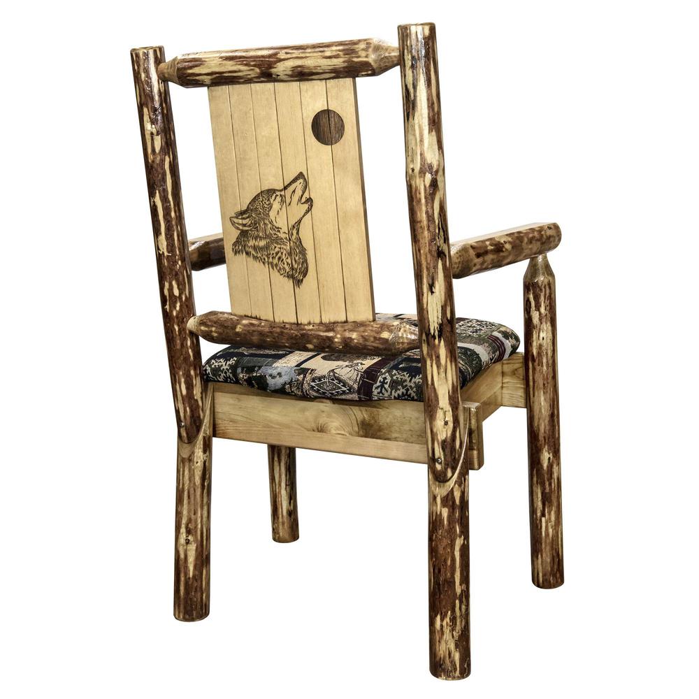 Glacier Country Collection Captain's Chair, Woodland Upholstery w/ Laser Engraved Wolf Design. Picture 1