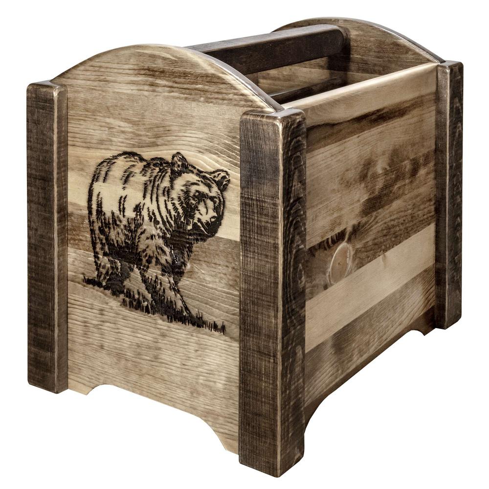 Homestead Collection Magazine Rack w/ Laser Engraved Bear Design, Stain & Clear Lacquer Finish. Picture 3