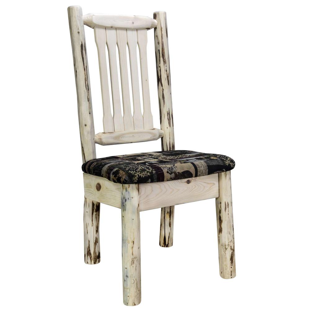 Montana Collection Side Chair, Clear Lacquer Finish w/ Upholstered Seat, Woodland Pattern. Picture 1