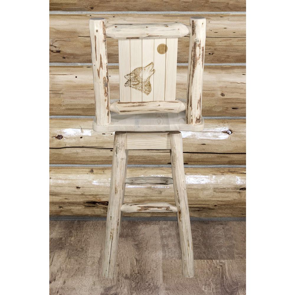 Montana Collection Barstool w/ Back & Swivel w/ Laser Engraved Wolf Design, Clear Lacquer Finish. Picture 6