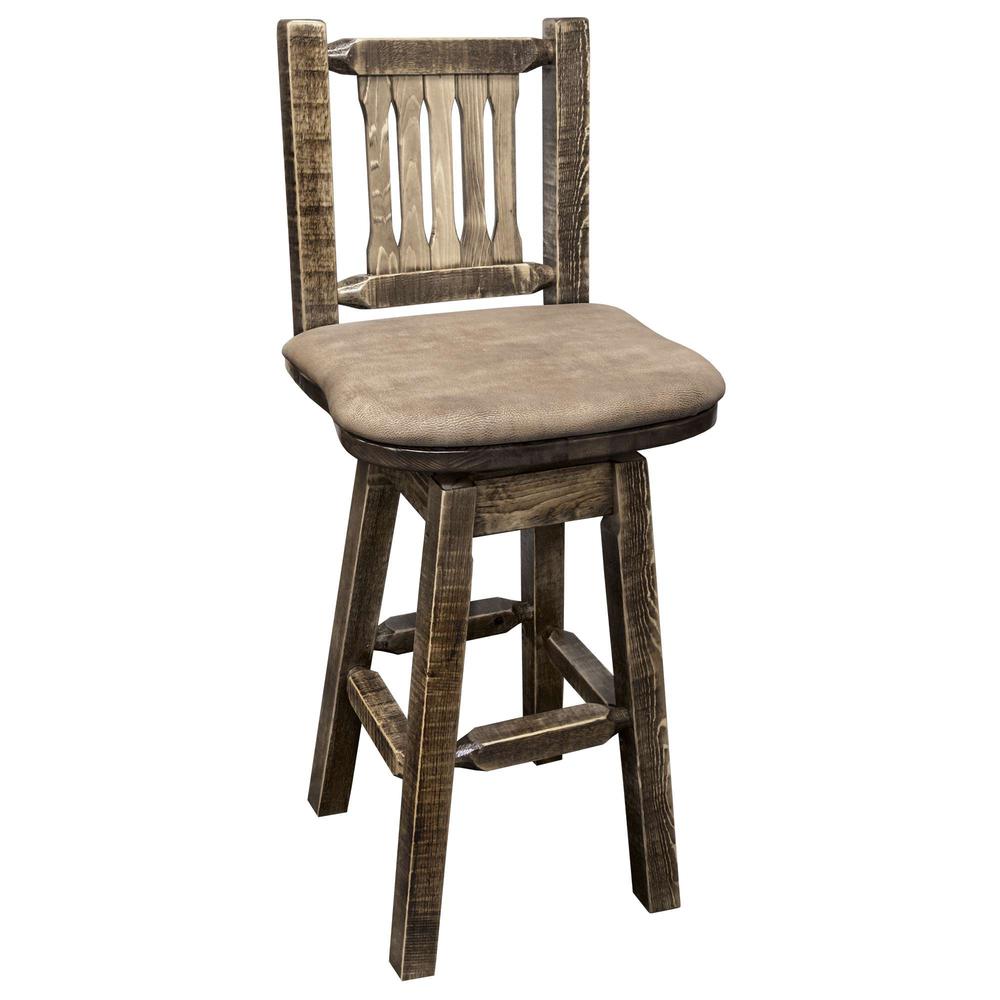 Homestead Collection Barstool w/ Back & Swivel, Stain & Clear Lacquer Finish w/ Upholstered Seat, Buckskin Pattern. Picture 1