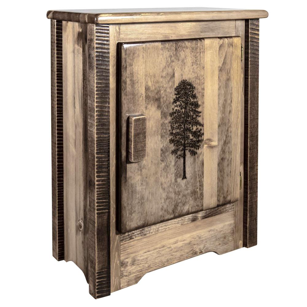 Homestead Collection Accent Cabinet w/ Laser Engraved Pine Design, Right Hinged, Stain & Clear Lacquer Finish. Picture 3