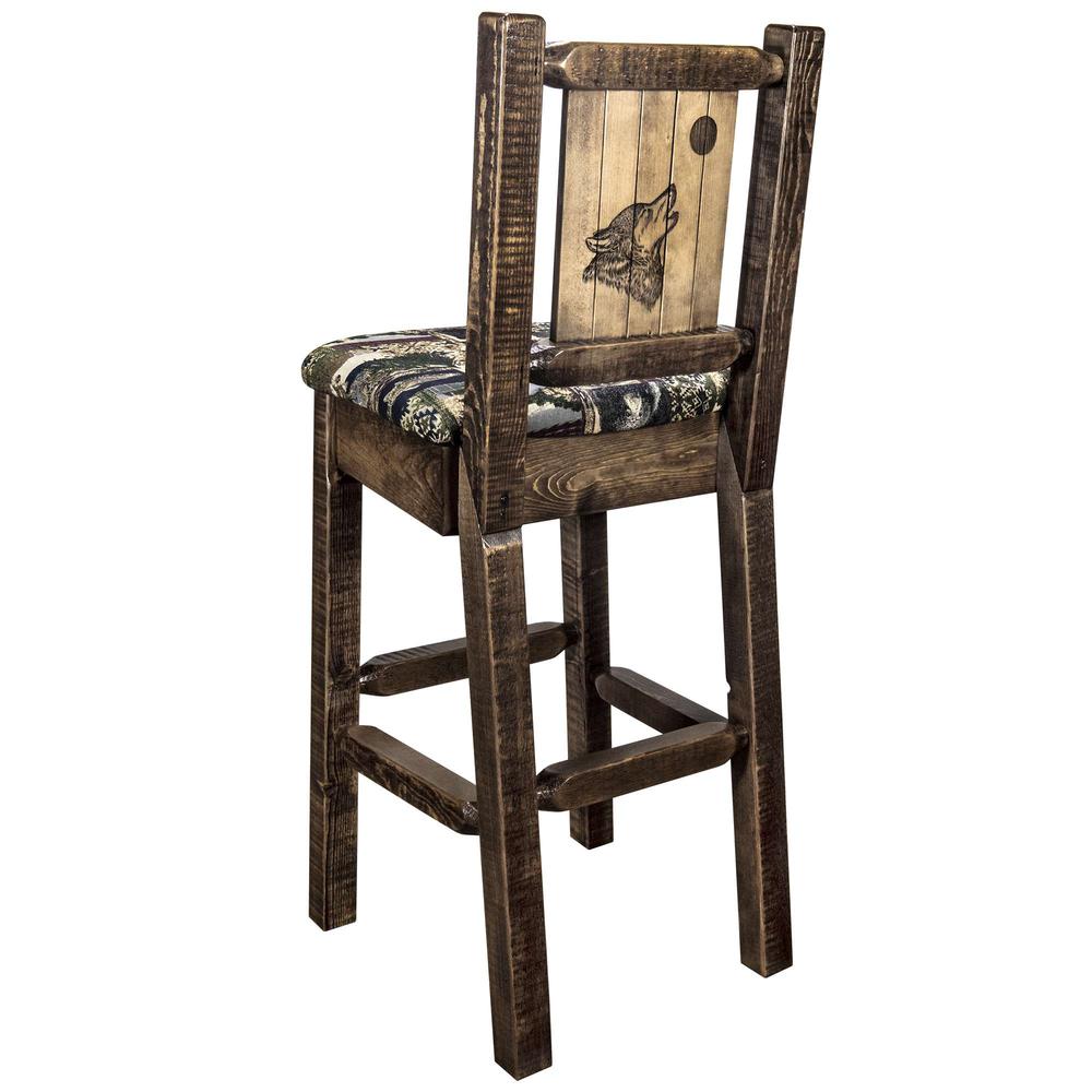 Homestead Collection Barstool w/ Back - Woodland Upholstery, w/ Laser Engraved Wolf Design, Stain & Lacquer Finish. Picture 1