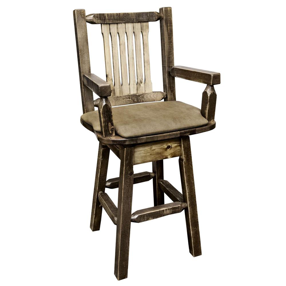 Homestead Collection Captain's Barstool w/ Back & Swivel, Stain & Lacquer Finish w/ Upholstered Seat, Buckskin Pattern. Picture 1
