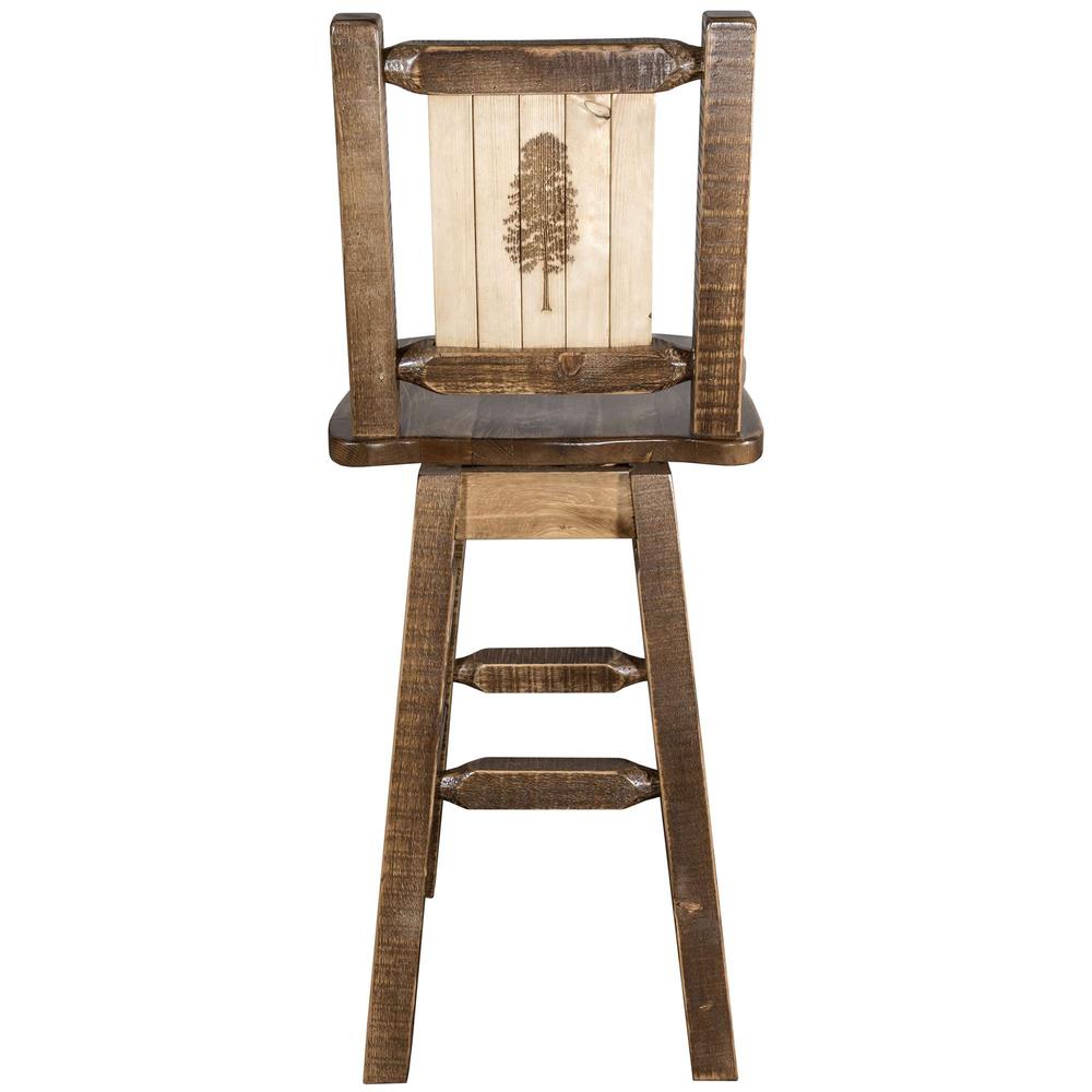 Homestead Collection Barstool w/ Back & Swivel w/ Laser Engraved Pine Tree Design, Stain & Lacquer Finish. Picture 2