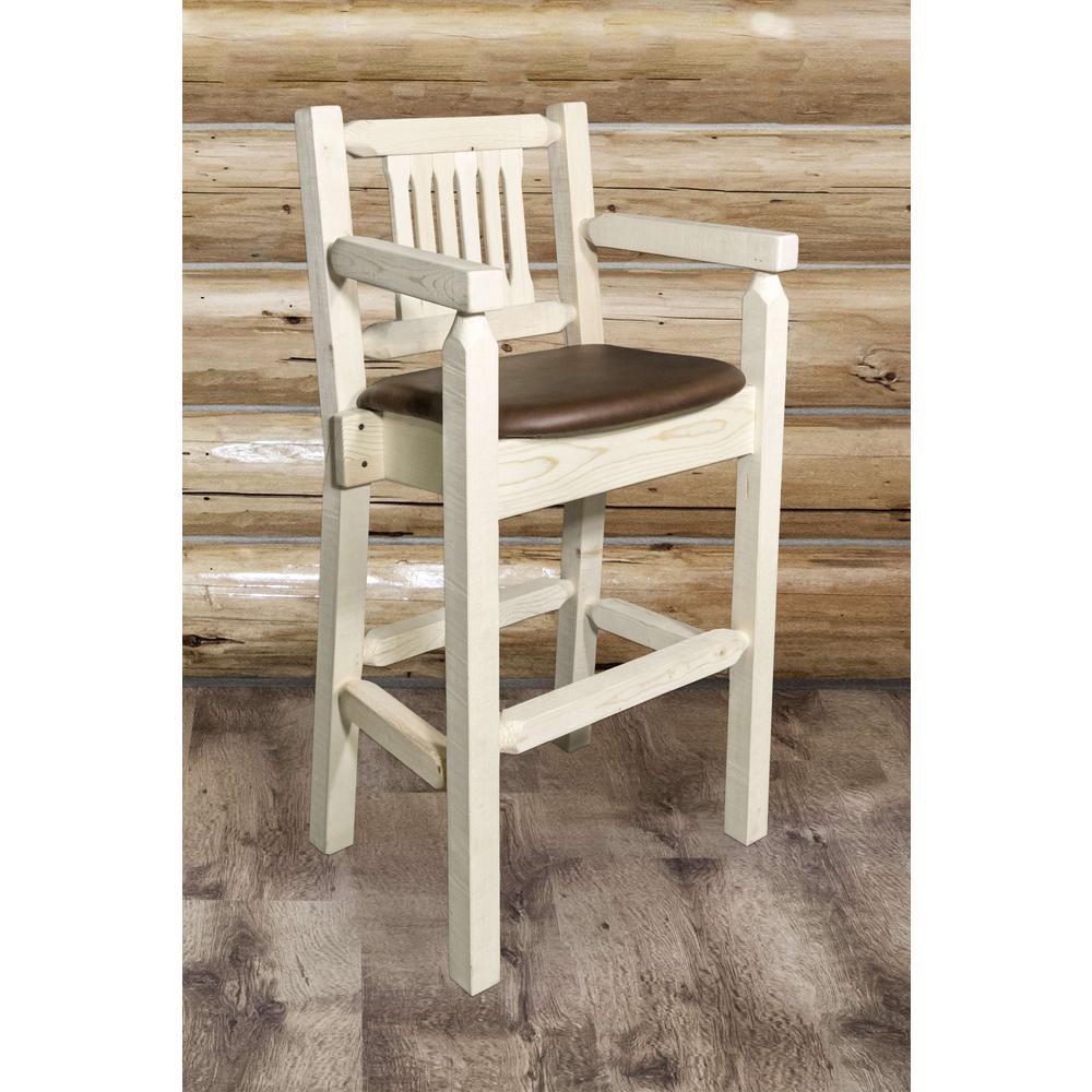 Homestead Collection Captain's Barstool - Saddle Upholstery, Clear Lacquer Finish. Picture 3