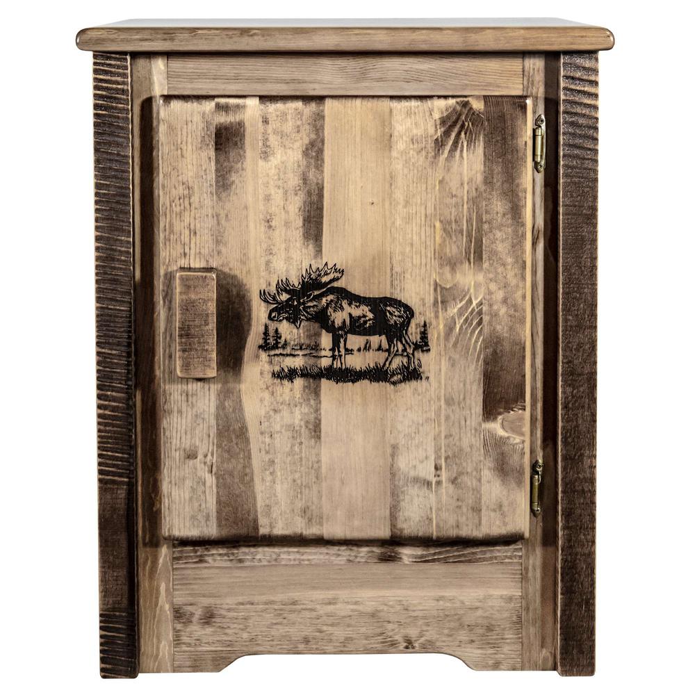 Homestead Collection Accent Cabinet w/ Laser Engraved Moose Design, Right Hinged, Stain & Clear Lacquer Finish. Picture 2