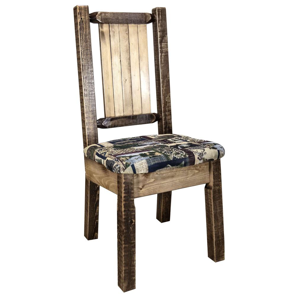 Homestead Collection Side Chair - Woodland Upholstery w/ Laser Engraved Moose Design, Stain & Lacquer Finish. Picture 3