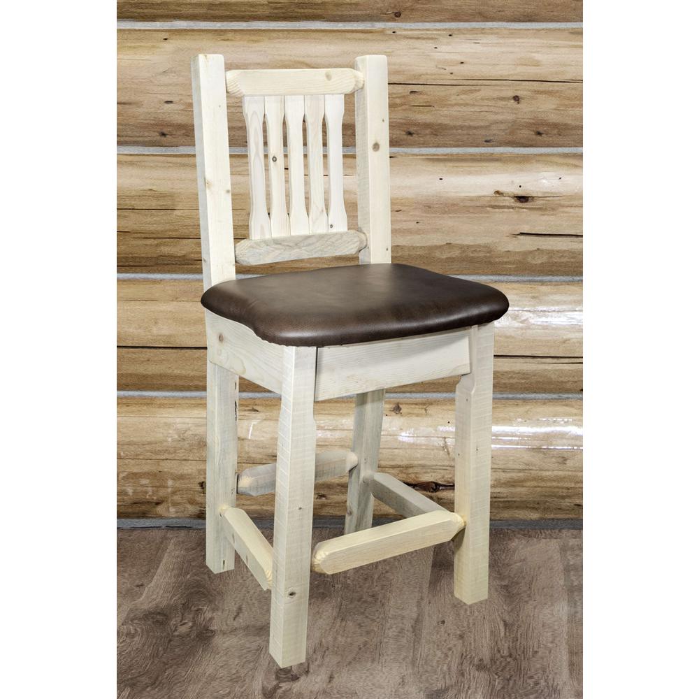 Homestead Collection Counter Height Barstool w/ Back - Saddle Upholstery, Clear Lacquer Finish. Picture 3
