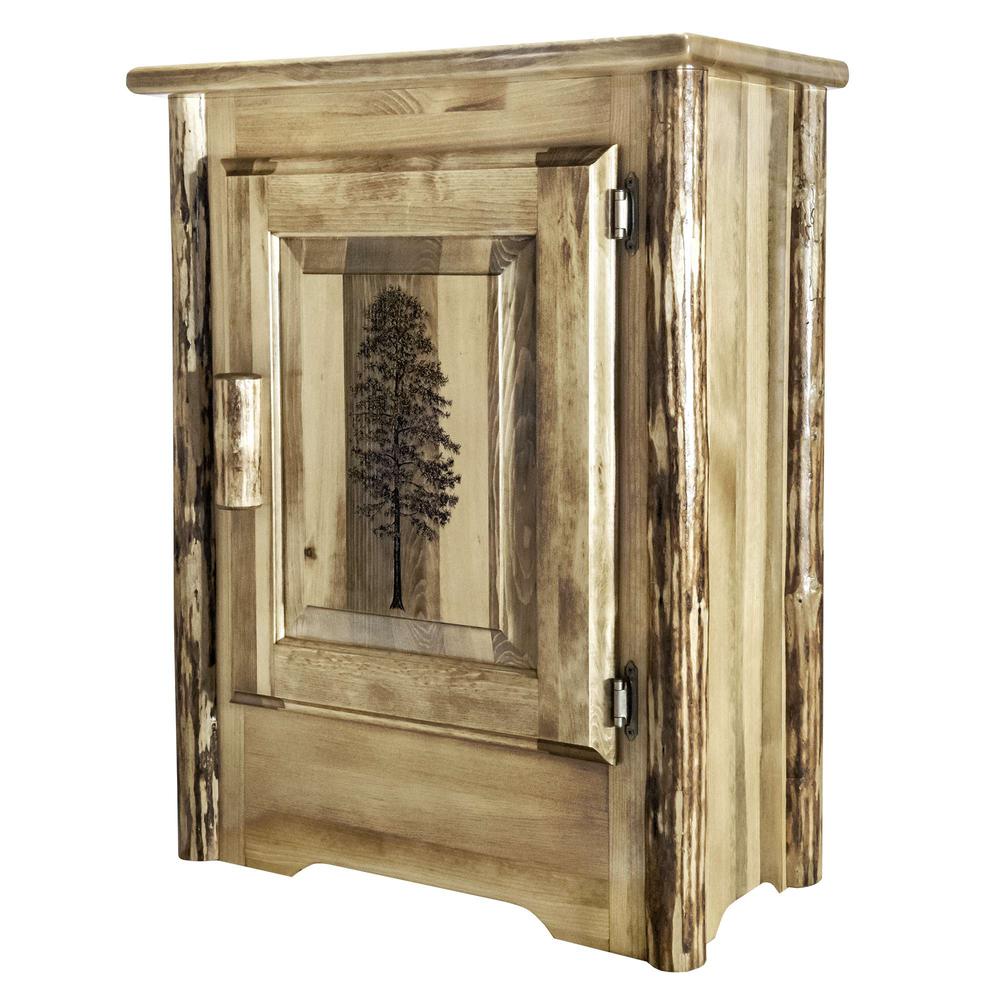 Glacier Country Collection Accent Cabinet w/ Laser Engraved Pine Design, Right Hinged. Picture 1