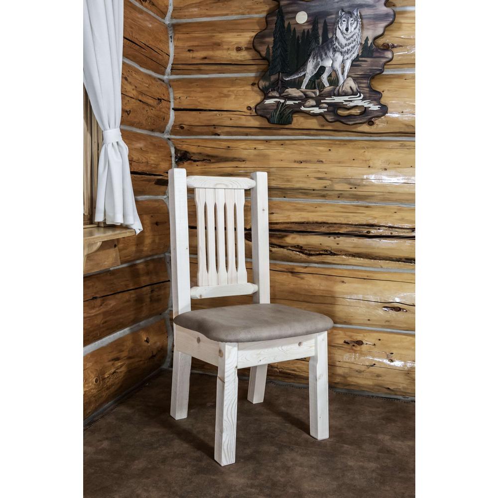 Homestead Collection Side Chair, Clear Lacquer Finish w/ Upholstered Seat, Buckskin Pattern. Picture 3