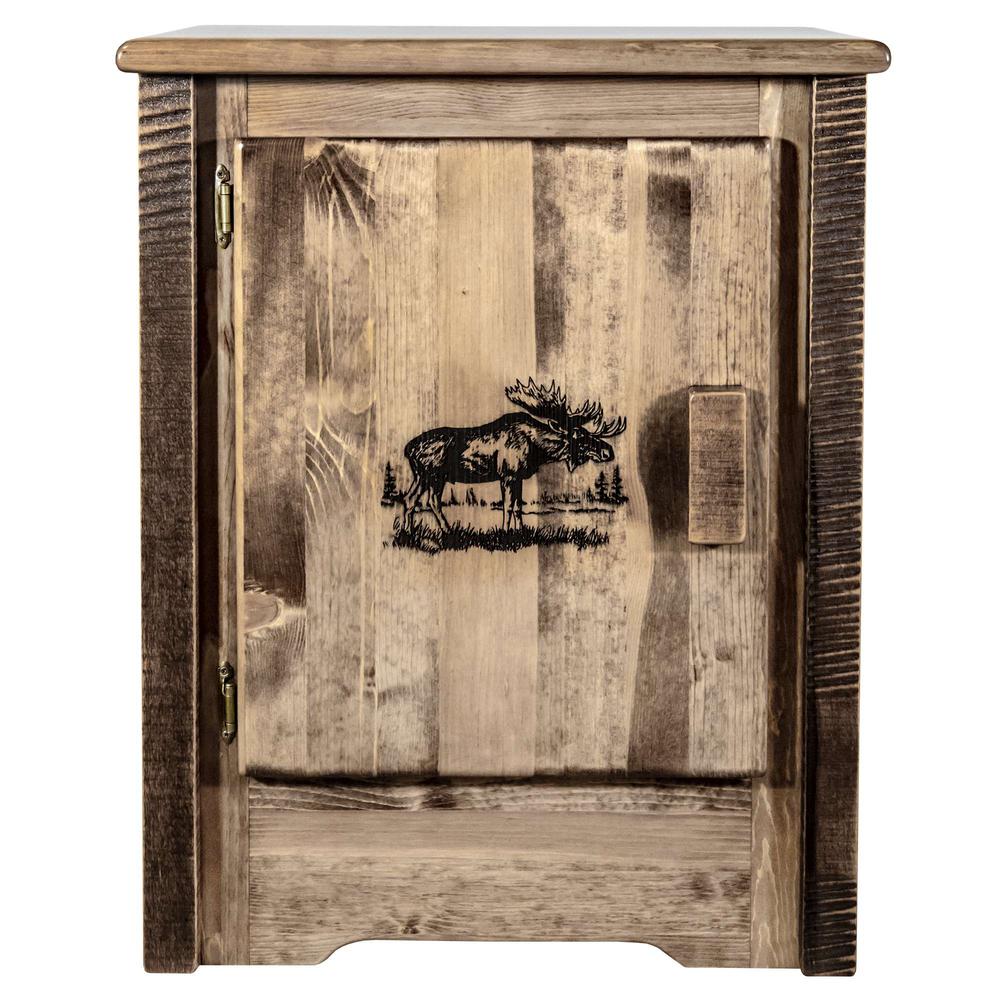Homestead Collection Accent Cabinet w/ Laser Engraved Moose Design, Left Hinged, Stain & Clear Lacquer Finish. Picture 2