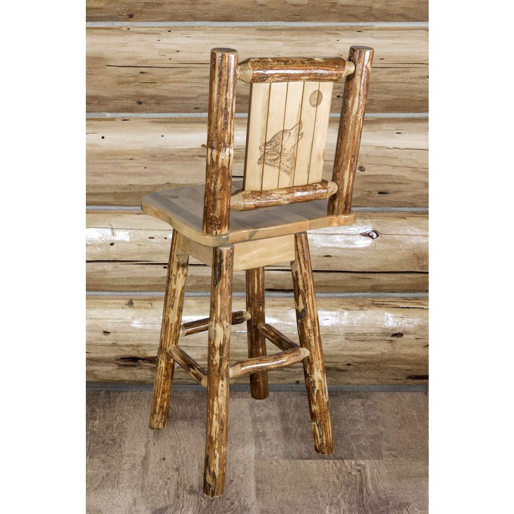 Glacier Country Collection Barstool w/ Back & Swivel w/ Laser Engraved Wolf Design. Picture 6