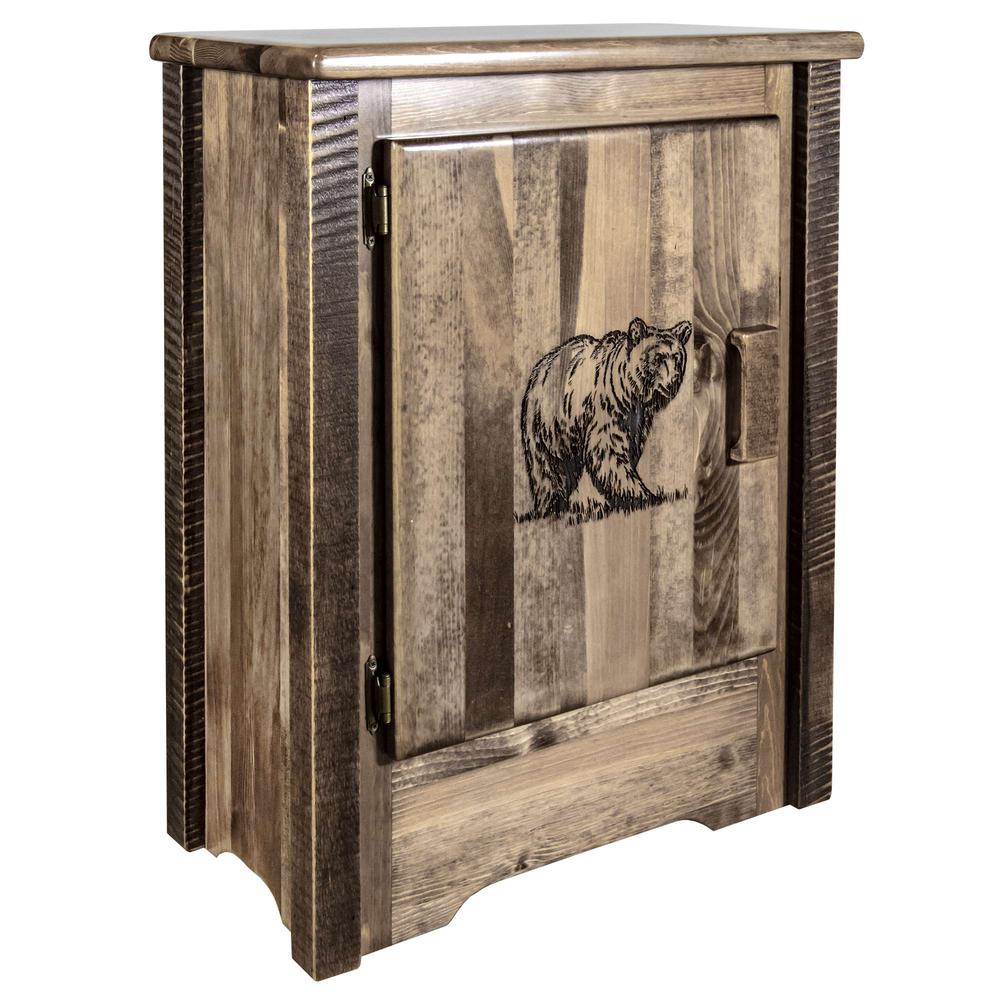 Homestead Collection Accent Cabinet w/ Laser Engraved Bear Design, Left Hinged, Stain & Clear Lacquer Finish. Picture 1