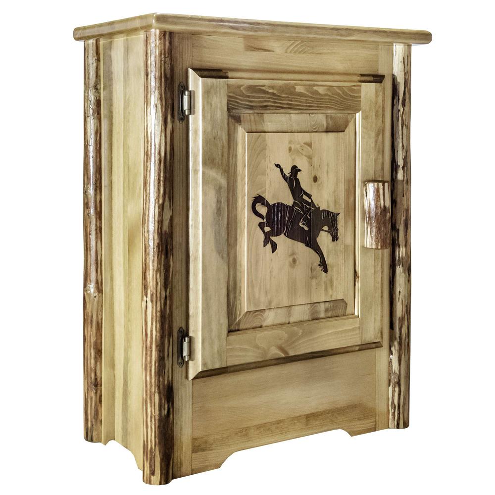 Glacier Country Collection Accent Cabinet w/ Laser Engraved Bronc Design, Left Hinged. Picture 1