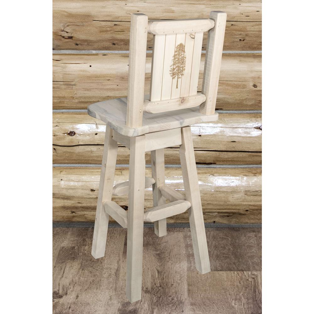 Homestead Collection Barstool w/ Back & Swivel w/ Laser Engraved Pine Tree Design, Clear Lacquer Finish. Picture 6