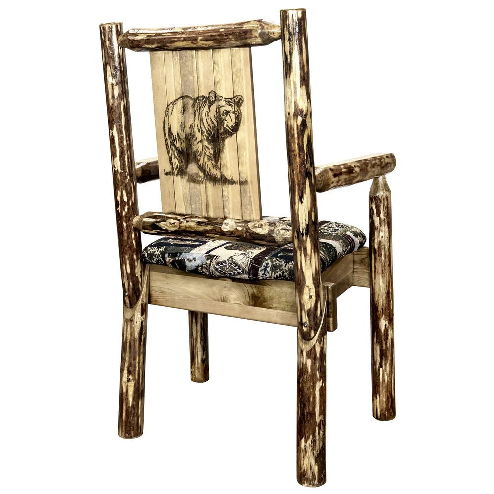 Glacier Country Collection Captain's Chair, Woodland Upholstery w/ Laser Engraved Bear Design. Picture 1