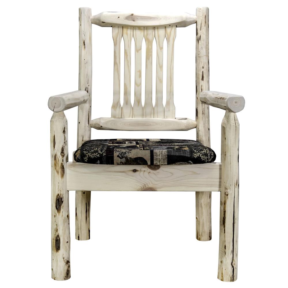 Montana Collection Captain's Chair, Clear Lacquer Finish w/ Upholstered Seat, Woodland Pattern. Picture 2