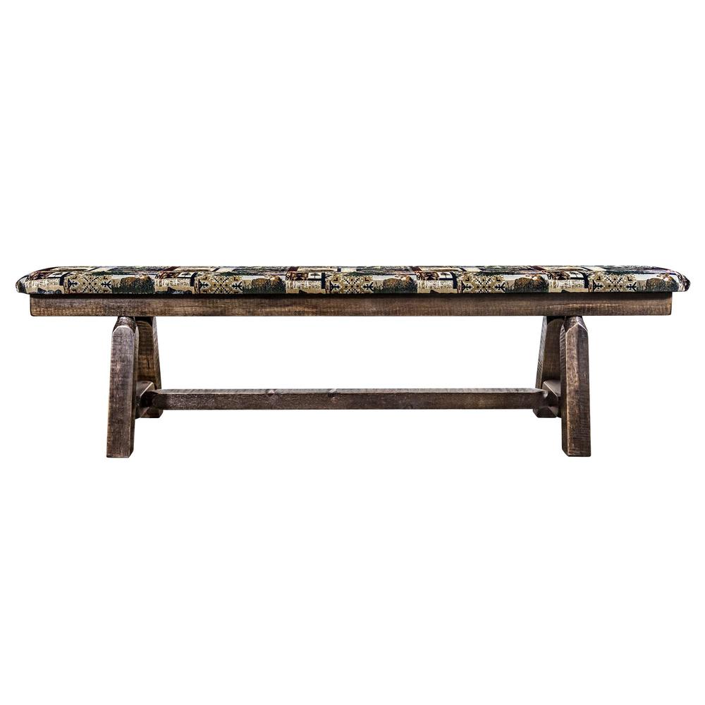 Homestead Collection Plank Style Bench, Stain & Clear Lacquer Finish, 6 Foot w/ Woodland Upholstery. Picture 2